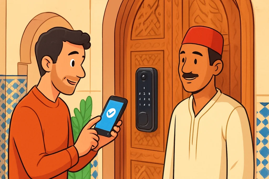 Serrure connectée installée sur une porte d’entrée, illustrant la sécurité serrure connectée pour maison et commerce