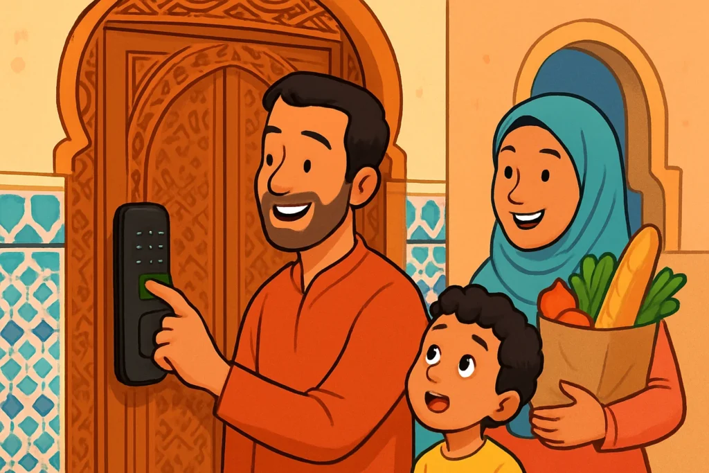 Famille marocaine ouvrant sa porte grâce à une serrure à empreinte digitale