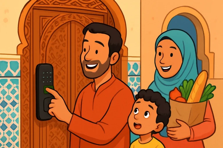 Famille marocaine ouvrant sa porte grâce à une serrure à empreinte digitale