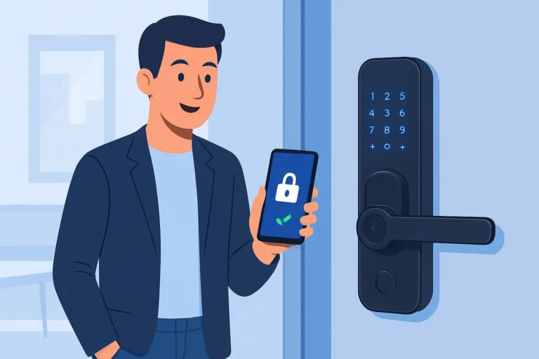 Serrure connectée Maroc installée sur une porte d’entrée moderne montrant smartphone et accès
