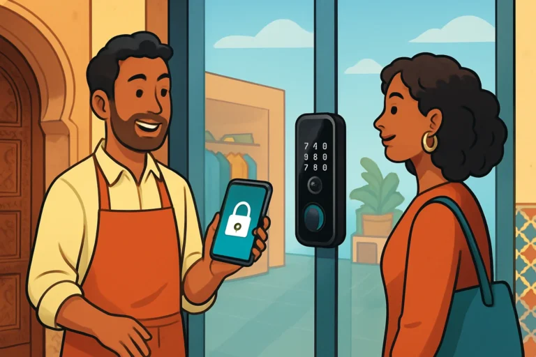 serrure porte en verre connectée installée sur une porte vitrée de boutique